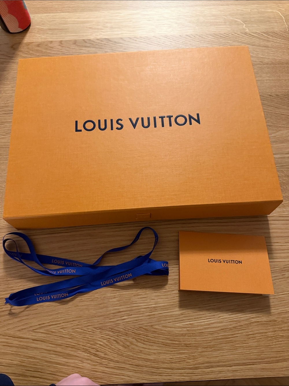 Louis Vuitton Box (16” x 11.5” x 2.5”) with Blue Ribbon and Receipt Envelope